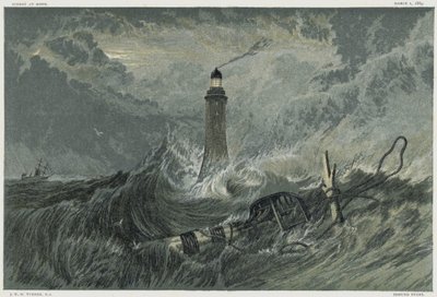 Maják Eddystone, postavený na skále Eddystone anglickým stavebním inženýrem Johnem Smeatonem v letech 1757-1759. Chromolitografie podle obrazu JMW Turnera od Joseph Mallord William Turner