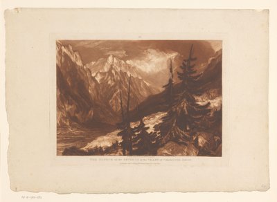 Pohled na údolí Chamonix s řekou Arveyron Pramen Arveronu v údolí Chamouni Savoy (název na objektu) Krajinářské studie (název série) Liber Studiorum (název série) od Joseph Mallord William Turner
