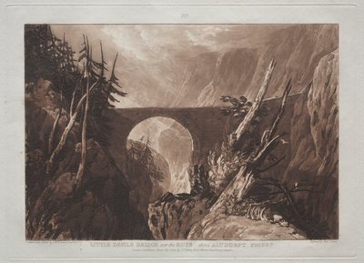 Liber Studiorum: Malý ďáblův most přes Russ, nad Altdorftem, Švýcarsko. od Joseph Mallord William Turner