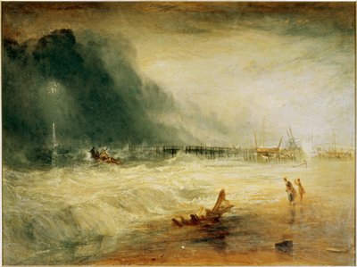 Záchranný člun a přístroj Manby jdoucí na pomoc uvízlému plavidlu, které dává signál o nebezpečí... (malba na plátně) od Joseph Mallord William Turner