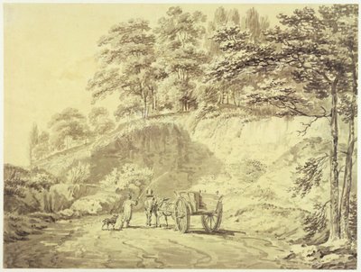 Muž s koněm a vozíkem vjíždí do lomu, kolem roku 1797 (grafit a šedá barva na papíře) od Joseph Mallord William Turner