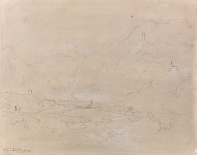 Horská krajina s městem v údolí, kolem roku 1840 (grafit a šedá barva na papíře) od Joseph Mallord William Turner