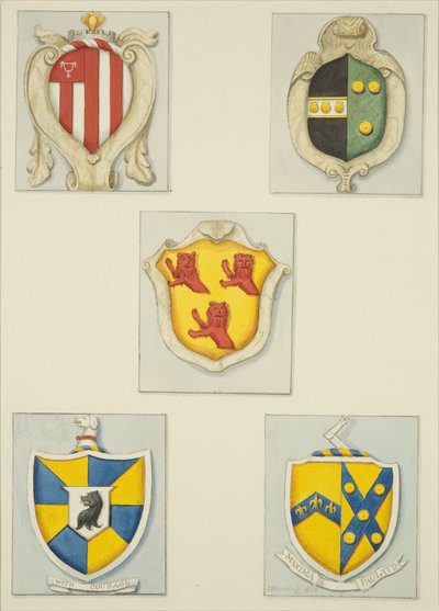 Pět erbů z památek v Temple Church (akvarel na papíře) od Joseph Manning
