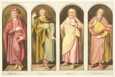 Čtyři menší proroci namalovaní na západní straně obrazovky oddělující hlavní loď od chóru bristolské katedrály (akvarel na papíře) od Joseph Manning