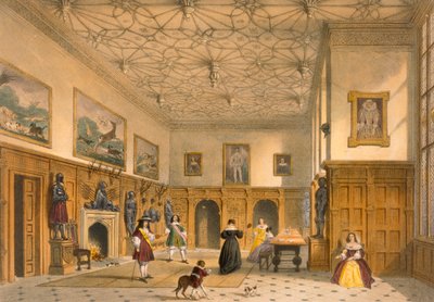 Hra s netopýry v Grand Hall, Parham Park, Sussex, kolem roku 1600, z knihy "Architecture of the Middle Ages", vydané v roce 1838. od Joseph Nash