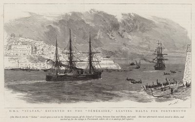 HMS Sultan v doprovodu lodi Temeraire vyplouvá z Malty do Portsmouthu od Joseph Nash