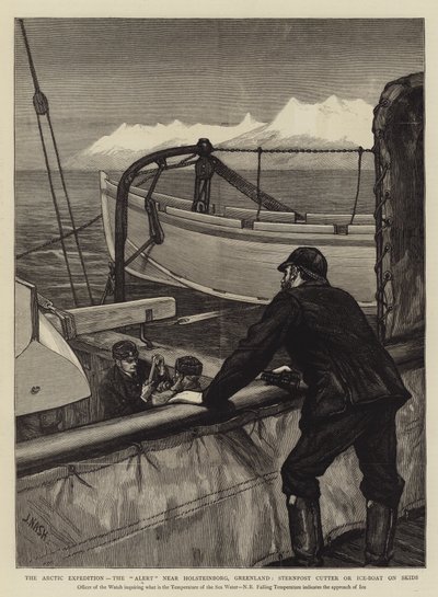 The Arctic Expedition, Alert near Holsteinborg, Grónsko, Sternpost Cutter nebo Ice-Boat on Skids od Joseph Nash