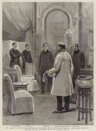 Zatčení vévody z Orleansu v Domě vévody z Luynes v Paříži poté, co se představil ve náborovém úřadu pro vojenskou službu od Joseph Nash