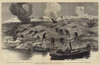 Bombardování Alexandrie, výsadková skupina z HMS Invincible, pod poručíkem Bartonem R Bradfordem a vlajkovým poručíkem ctihodné Hedworth Lambton ničící zbraně ve Fort Mex od Joseph Nash