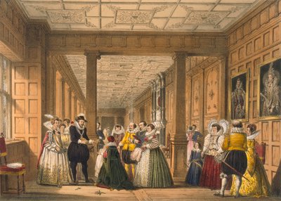 Galerie v Hatfield House, Hertfordshire, z „Architecture of the Middle Ages“, publikovaná v roce 1838 od Joseph Nash