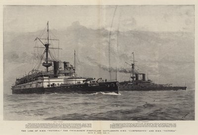 Ztráta HMS Victoria, bitevní lodě první třídy Twin-Screw HMS Camperdown a HMS Victoria od Joseph Nash