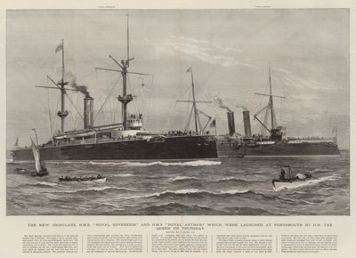 Nové Ironclads, HMS Royal Sovereign a HMS Royal Arthur, které ve čtvrtek v Portsmouthu spustila na vodu Její královna. od Joseph Nash