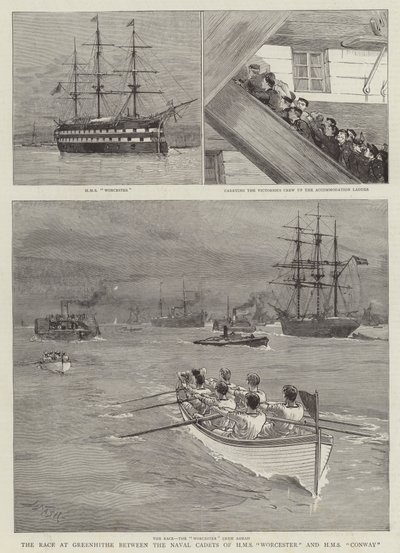 Závod v Greenhithe mezi námořními kadety z HMS Worcester a HMS Conway od Joseph Nash