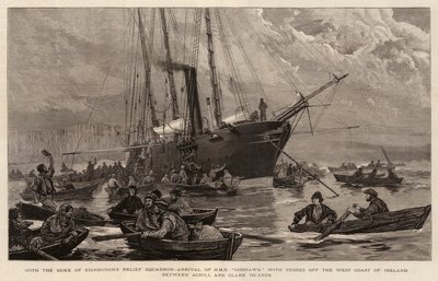 S pomocnou eskadrou vévody z Edinburghu, přílet HMS Goshawk s Stores u západního pobřeží Irska mezi ostrovy Achill a Clare od Joseph Nash