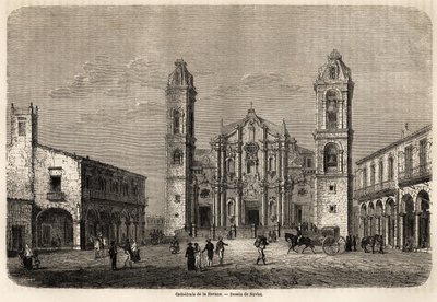Katedrála Havany, Kuba, kresba Navlet pro ilustraci cesty na ostrov Kuba, v roce 1859, Richard Dana (1815-1882). Rytina v „“ Le tour du monde, nouveau journal des voyages““ Paříž od Joseph Navlet