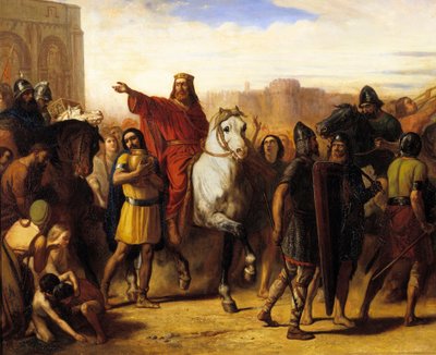 Triumfální vjezd krále franků Clovise I. (466-511) do Tours v roce 508. Obraz od Josepha Roberta Fleuryho (nebo Roberta-Fleuryho od Joseph Nicolas Robert Fleury