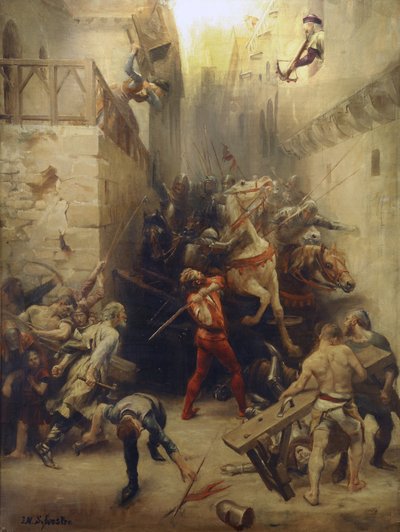 The Bag of Beziers v roce 1209: Obyvatelé Beziers se snaží zabránit vstupu vojáků francouzské armády do města od Joseph Noel Sylvestre