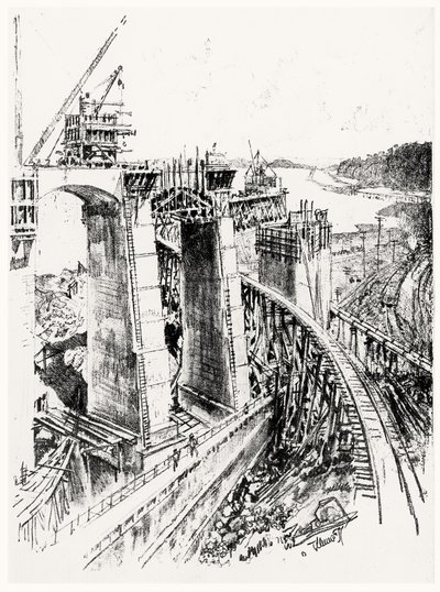 Approaches to Gatun Lock, deska VI z Panamského průplavu od Josepha Pennella, 1912 (uhlí na papíře) od Joseph Pennell