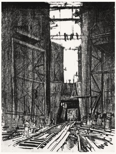 U dna Gatunského zdymadla, deska IV z Panamského průplavu od Josepha Pennella, 1912 (uhlí na papíře) od Joseph Pennell