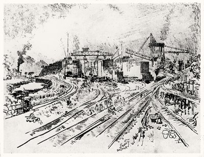 Budova Miraflores Lock, deska XXI z Panamského průplavu od Josepha Pennella, 1912 (uhl na papíře) od Joseph Pennell