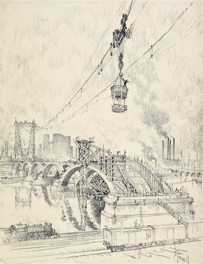 Stavba mostu, Minneapolis, 1915 od Joseph Pennell