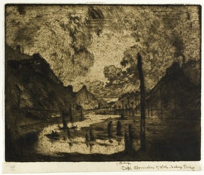 Uhlí-absolvování prací, řeka Mahanoy River od Joseph Pennell