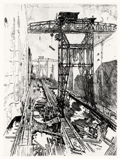 Jeřáby u zdymadla Miraflores, deska XXII z Panamského průplavu od Josepha Pennella, 1912 (uhlí na papíře) od Joseph Pennell