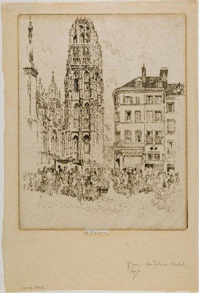 Květinový trh a máslová věž, Rouen od Joseph Pennell
