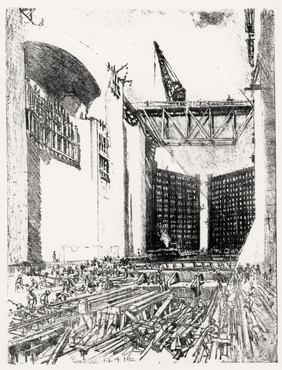 Laying the Floor: Pedro Miguel Lock, deska XVIII z Panamského průplavu od Josepha Pennella, 14. února 1912 (dřevěné uhlí) od Joseph Pennell