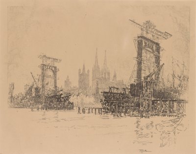 Stavba londýnského mostu od Joseph Pennell