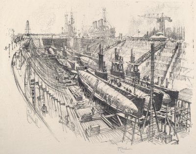 Ponorky v Suchém doku, 1917. od Joseph Pennell