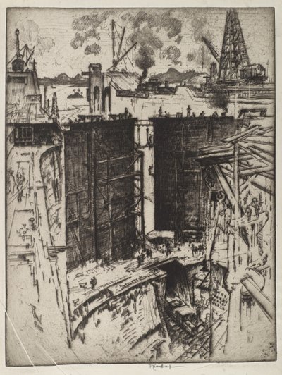Strážná brána, Gatun Lock, Panama, 1912 (lept na papíře) od Joseph Pennell