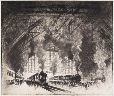 Vlaky, které přicházejí a vlaky, které jedou, Pennsylvania Railroad, Philadelphia, 1919 od Joseph Pennell