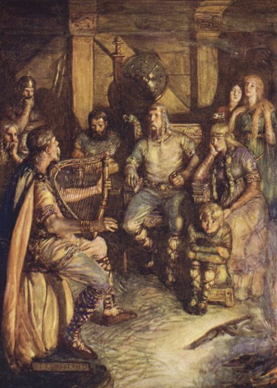 Gleeman zpívá činy Beowulfa (barva litho) od Joseph Ratcliffe (after) Skelton