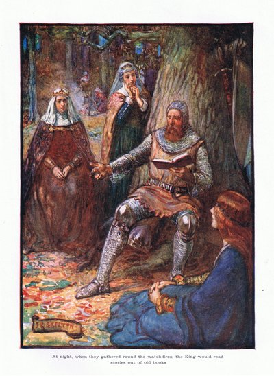 V noci, když se shromáždili u strážních ohňů, král četl příběhy ze starých knih., 1910 od Joseph Ratcliffe Skelton