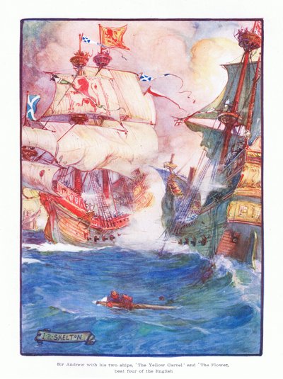 Sir Andrew se svými dvěma loděmi Yellow Carvel a The Flower porazil pět anglických lodí, 1910 od Joseph Ratcliffe Skelton