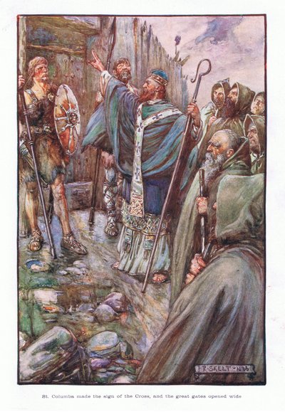 Svatý Columba udělal znamení kříže a velké brány se otevřely dokořán, 1910 od Joseph Ratcliffe Skelton