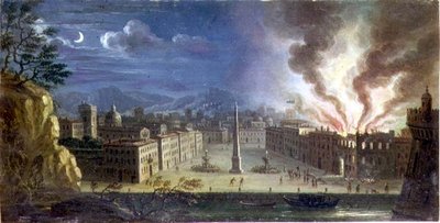 Náměstí v italském přístavu s budovou hořící v noci od Joseph Ruiz