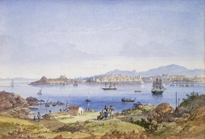 Korfu z ostrova Vido, cca 1845 (wc nad tužkou na papíře) od Joseph Schranz
