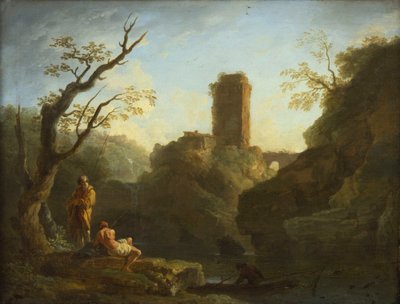 Francouzština: Krajina se stromem a dvěma muži, v pozadí věž od Joseph Vernet