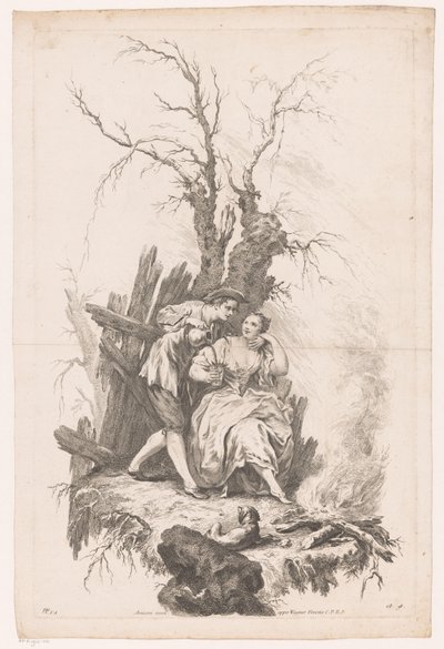 Muž a žena se psem u ohně Zima Four Seasons (název série) od Joseph Wagner (possibly)