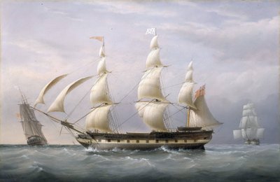 Loď Východoindické společnosti "Britannia", viděná ze tří úhlů, se vrátila z Barbadosu. Olej na plátně od Joseph Walter