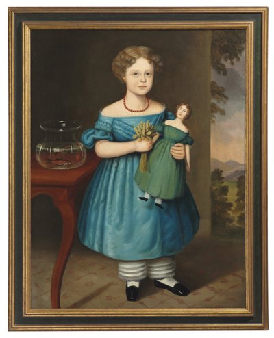 Portrét Amy Philpot v modrých šatech s panenkou a zlatou rybkou od Joseph Whiting Stock