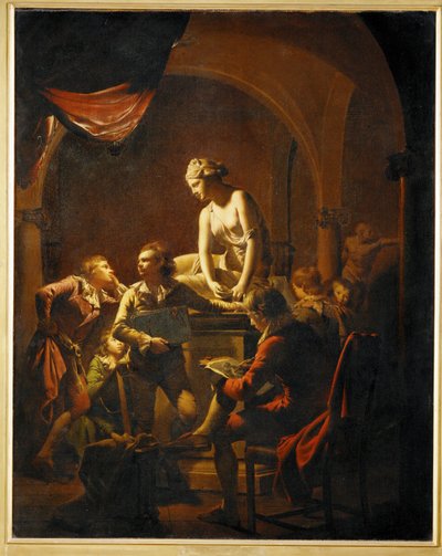 Třída malířské akademie kolem sádrového odlitku nymfy s mušlí... (malba na plátně) od Joseph Wright of Derby