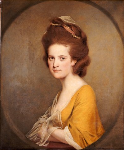Portrét Dorothy Hodgesové, poloviční délky, ve žlutých šatech od Joseph Wright of Derby