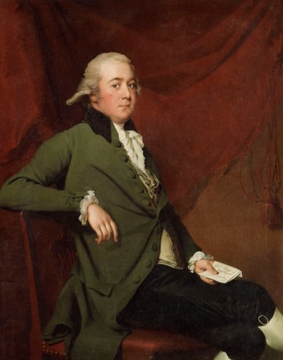 Portrét Edwarda Abneyho, sedícího tříčtvrtečního, v zeleném kabátě, držícího dopis proti červené oponě, konec 80. let 18. století od Joseph Wright of Derby