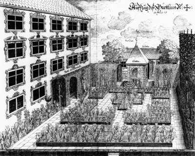 Návrh zahrady Furttenbachů v Ulmu z Architectura Privata, vyrytý Jonasem Arnoldem (1600-69), vydáno 1641 od Joseph after Furttenbach