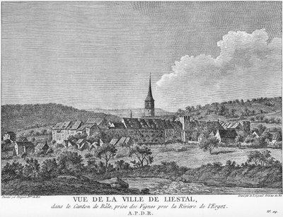 Pohled na město Liesthal v kantonu Basilej, převzato z vinice u řeky Ergolz. od Joseph de Longueil