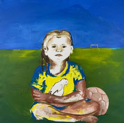 Mädchen mit Taube (Dívka s holubicí), 2022 (akrylová barva na plátně) od Josephine Henning