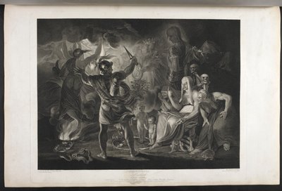 Macbeth.
Dějství IV. Scéna I.
Temná jeskyně. Uprostřed vroucí kotel. Tři čarodějnice. Macbeth. Hekaté.
Macbeth stojí tváří v tvář čarodějnicím a zjevením; u jeho nohou, uvnitř stočeného hada, stojí malé zakrvácené dítě a dítě s korunou a drží se od Joshua (after) Reynolds